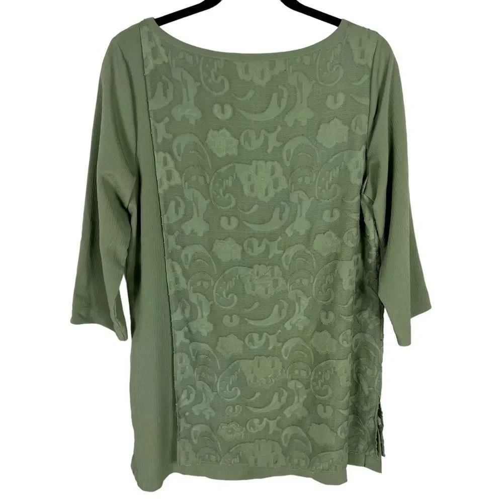 Soft Surroundings Tunic Sage Green Crepe Floral Overlay 3/4 Sleeve Women Medium